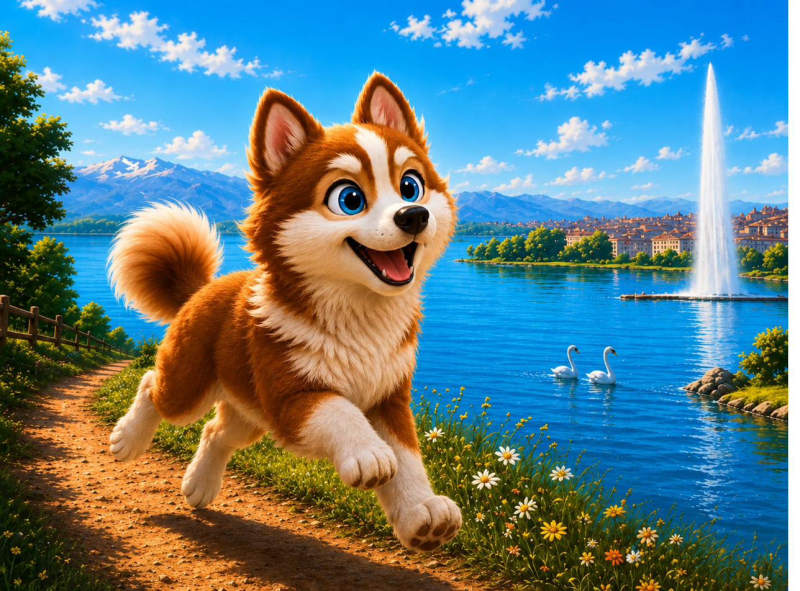 Yuki, jeune Pomsky roux et blanc, courant au bord du lac Léman devant le Jet d'eau
